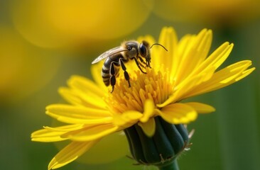 Close-up of a bee pollinating a vibrant yellow flower on a sunny day