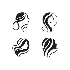 Stylized female profile, black and white silhouette, minimalist beauty icon, hair salon logo design