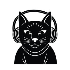 black and white cat silhouette with headphone