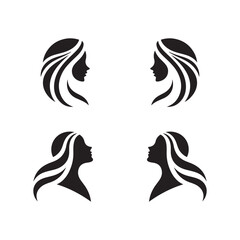 Stylized female profile, black and white silhouette, minimalist beauty icon, hair salon logo design
