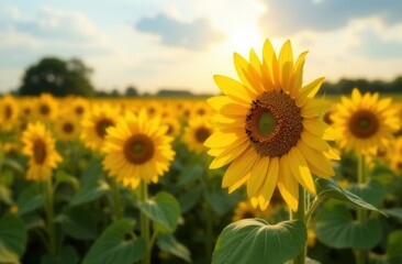 Obraz premium Radiant sunflower field at sunset with blooming yellow flowers and blue sky