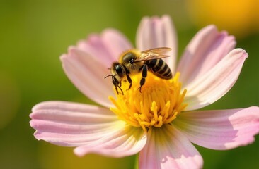 Macro of honeybee pollinating vibrant pink flower in sunlit garden setting