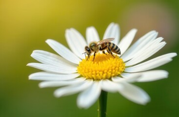 Honeybee pollinating daisy in vibrant nature scene with focus on delicate petals and bright yellow center