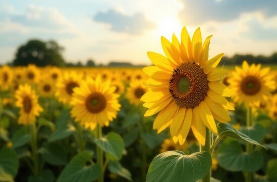 Radiant sunflower field at sunset with blooming yellow flowers and blue sky