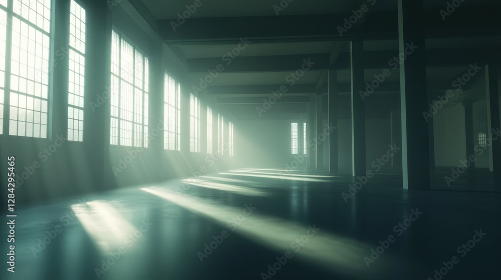 Poster sunlight streaming through factory windows in an empty industrial space