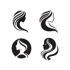 Stylized female profile, black and white silhouette, minimalist beauty icon, hair salon logo design
