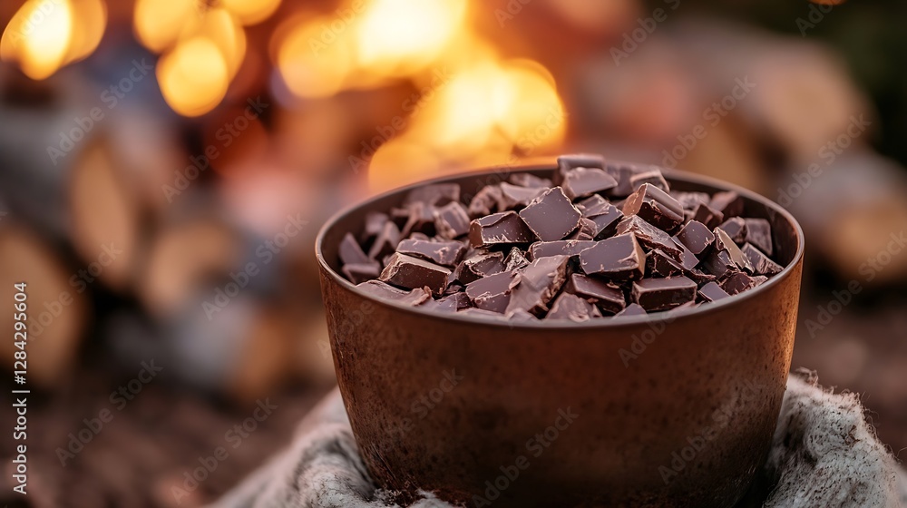 Aufkleber rich dark chocolate pieces in a rustic bowl with warm campfire flames in the background for a cozy a