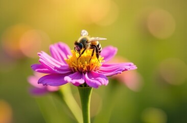 Fototapeta premium Bee pollinating pink flower in sunlit garden setting with vibrant colors