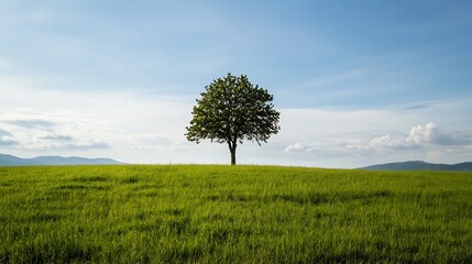 Fototapeta premium Elegant solitary tree standing on a lush green hill under a vast blue sky with white clouds in a picturesque landscape : Generative AI