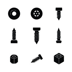 Detailed vector illustrations of bolts and screws,  minimalist graphic design, clean lines, isolated on white background