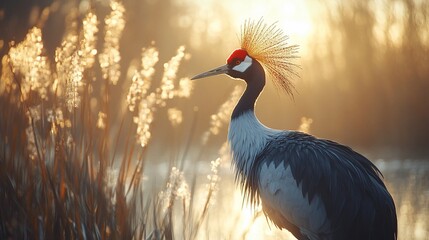Fototapeta premium Crowned crane stands in field, sunset glow, reeds, use as nature shot