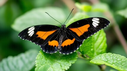 Fototapeta premium Elegant colorful butterfly resting on green leaves showcasing nature beauty : Generative AI