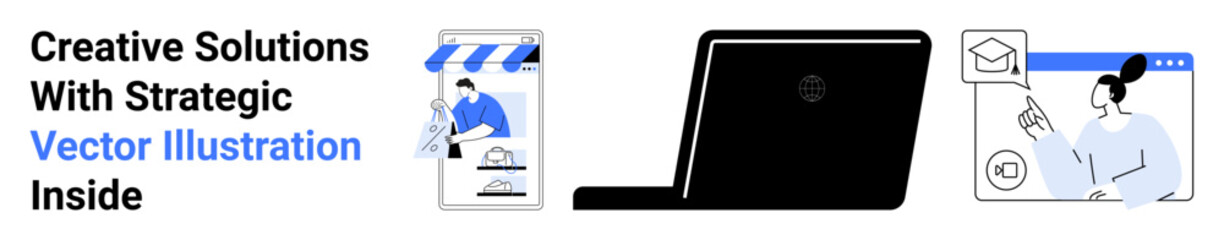 Shopping app, laptop, and webinar screen with visible activities thumbs up teaching, online purchases. Ideal for education, e-commerce, digital business, online learning, remote work virtual tools