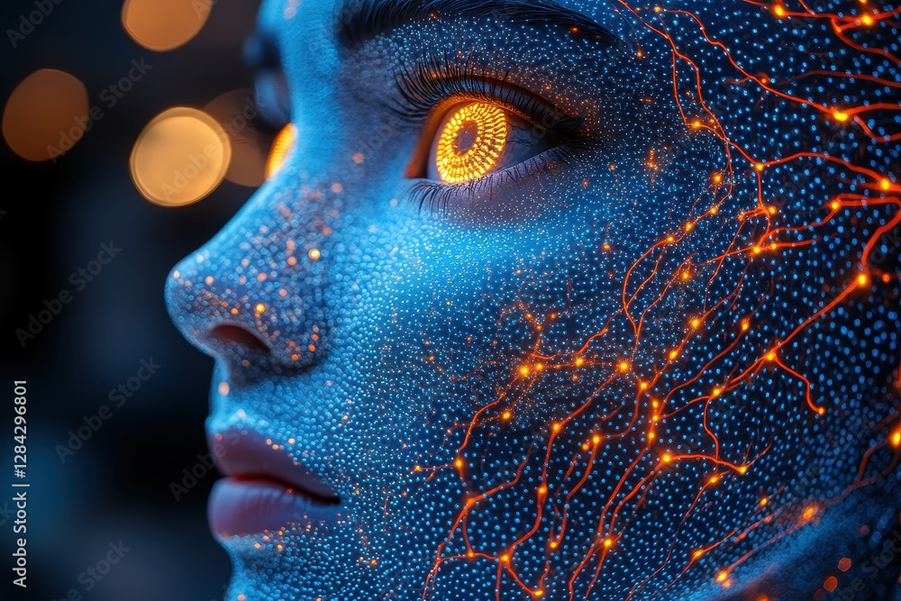Poster intricate close-up of a futuristic face adorned with glowing circuitry and striking eyes in soft ill