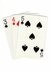 Vintage playing cards in different designs showing the same value.