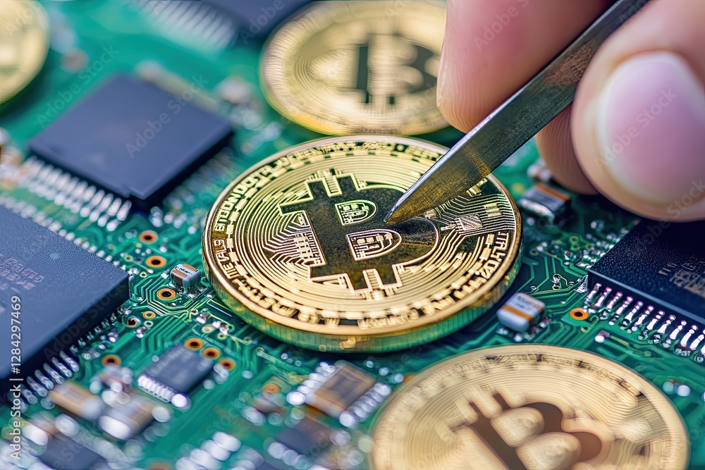 Aufkleber bitcoin appears on a computer board. a person holds bitcoin with tweezers