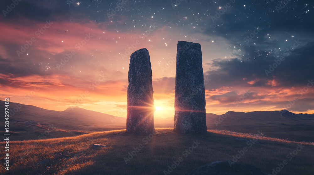 Poster sunset view of two ancient stone monoliths standing in a grassy field with a beautiful sky, symboliz
