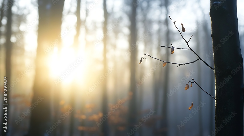 Poster Sunlight Filtering Through Trees in a Misty Forest at Sunrise : Generative AI