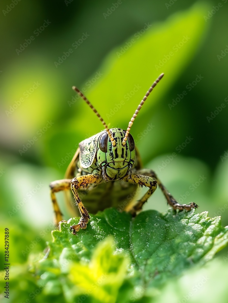 Poster Macro Photo of a Grasshopper Sitting on a Leaf with Intricate Textures and Details in a Natural Garden Setting : Generative AI