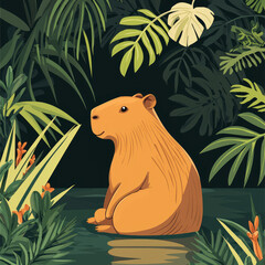 Cute capybara sits by a serene jungle river at sunset, surrounded by lush tropical leaves. Animals inspired illustration captures wildlife beauty, perfect for prints, posters, branding.Generative ai