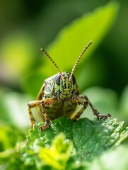 Fototapeta premium Macro Photo of a Grasshopper Sitting on a Leaf with Intricate Textures and Details in a Natural Garden Setting : Generative AI