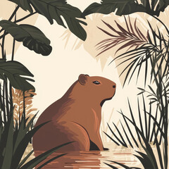 Cute capybara at jungle river at sunset, surrounded by lush tropical leaves. Animals inspired illustration captures wildlife beauty, perfect for prints, posters, branding.Generative ai