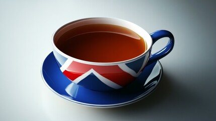 Union Jack Teacup Filled with Dark Beverage A British Icon on a Tabletop Display and Reflection