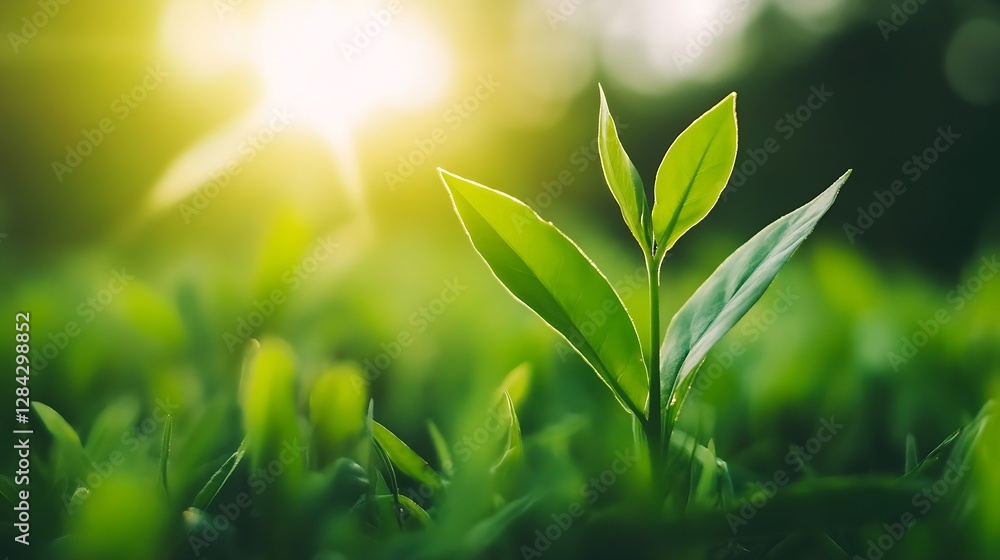 Aufkleber close up view of vibrant green plant leaves basking in warm sunlight during golden hour creating a s