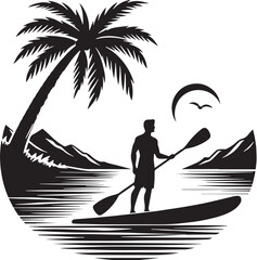 Black Color Paddleboarding Silhouette Vector Illustration design, Solid White Background