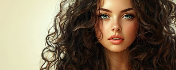 Fototapeta premium Portrait of a young woman with curly hair and green eyes looking calmly at the camera