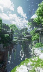 Naklejka premium Verdant Heights and Reflective Waterscapes of Modern Structures Against a Celestial Backdrop