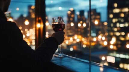 Moderate drinking at a vibrant city rooftop bar with twinkling lights. Featuring excitement and socializing