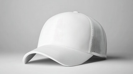 Plain white trucker cap with mesh back design on grey background