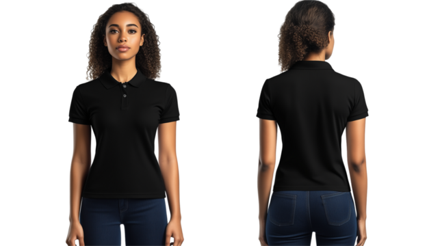 a black polo shirt mock up template for women isolated on a transparent background