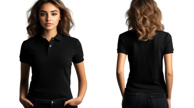 a black polo shirt mock up template for women isolated on a transparent background
