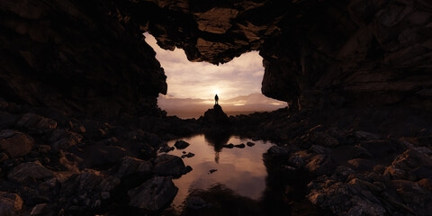 Silhouette of a Person in a Cave at Sunset with Vibrant Reflections