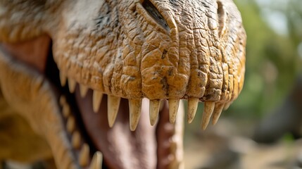 Obraz premium Dramatic close up of a dinosaur's fierce teeth showing powerful jaws and realistic detail in a prehistoric setting : Generative AI