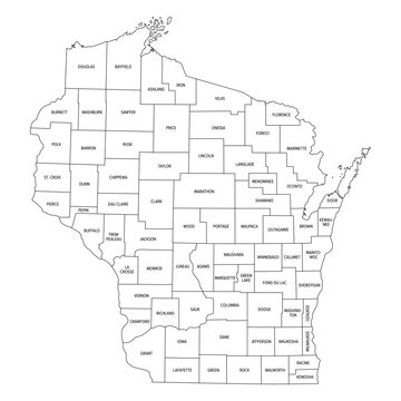 State of Wisconsin subdivided into 72 counties, outline map. A state in the Great Lakes region of the Upper Midwest of the United States, nicknamed Badger State. Map with boundaries and county names.