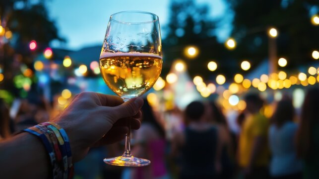 Moderate drinking at a vibrant outdoor festival with live music. Featuring excitement and celebration