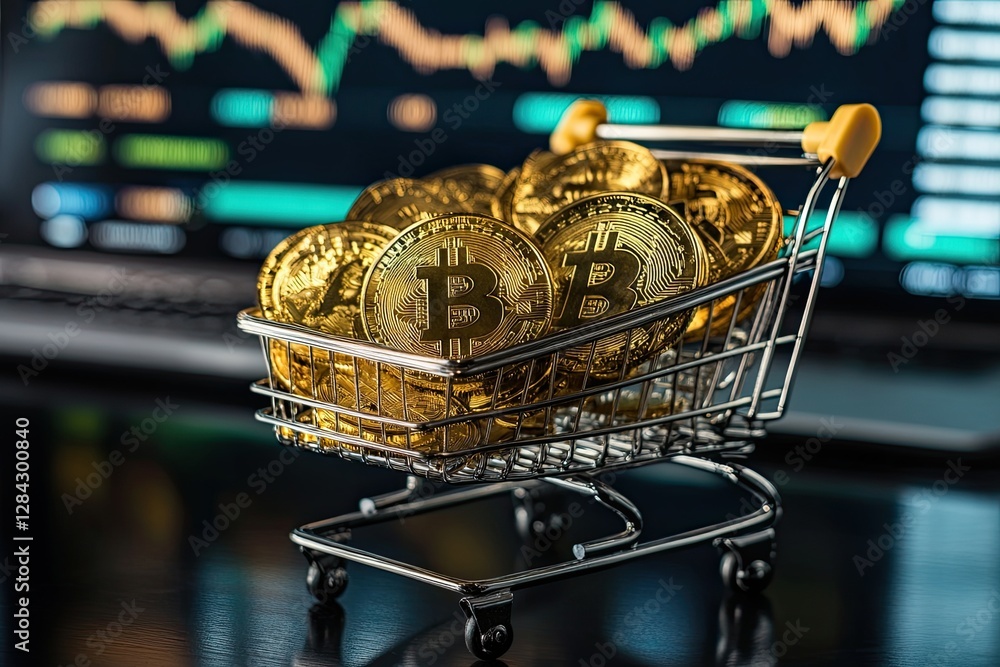Poster the computer monitor displays a market chart while a shopping trolley brims with sparkling bitcoins