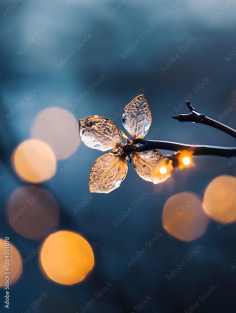 Fototapete Delicate water droplets rest on shimmering transparent flowers illuminated by soft bokeh lights : Generative AI