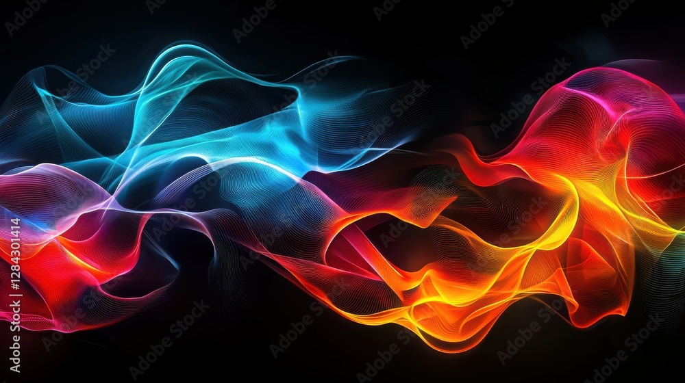 Poster fluid waves of color and light create a mesmerizing abstract display in vibrant red, blue, and orang