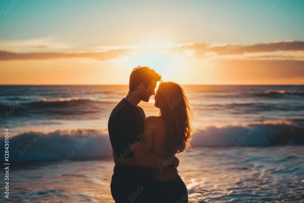 Poster couple embraces on beach at sunset with waves crashing around them. generative ai