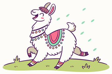 Colorful and happy llama walking through a field
