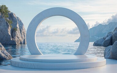 White stone podium with a circular arch, sea landscape background for product presentation