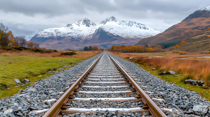 Fototapeta premium Railway tracks towards snowy mountains, autumn landscape