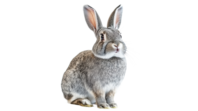 Grey rabbit sitting upright with alert expression