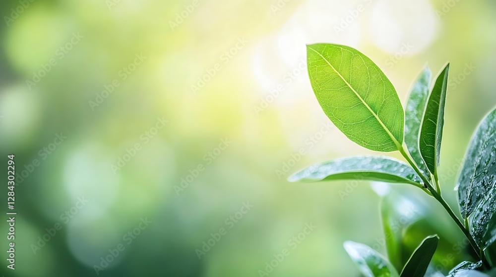 Poster close up view of fresh green leaves illuminated by soft sunlight in a serene natural background : ge