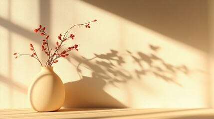 Minimalist beige vase with branches and shadows in sunlit room