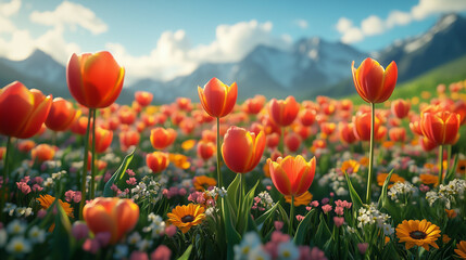 Vibrant tulip and wildflower field stretches across rolling hills under a sunny sky in springtime. Generative AI